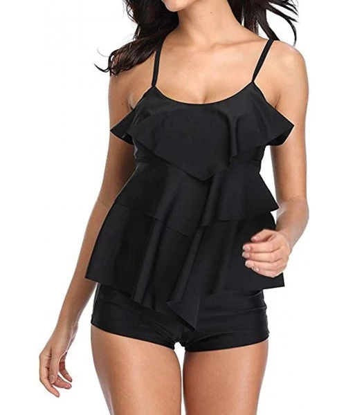 Sets Women 2 Piece Layered Flounce Printed Tank Top with Boyshorts Tankini Set Bathing Suits Swimsuit - Black - C4196N3TQTR