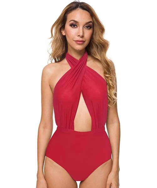 One-Pieces Women's Cross Front One Piece Swimsuit Backless High Waisted Bathing Suit - Red - C5180OYEZZ3