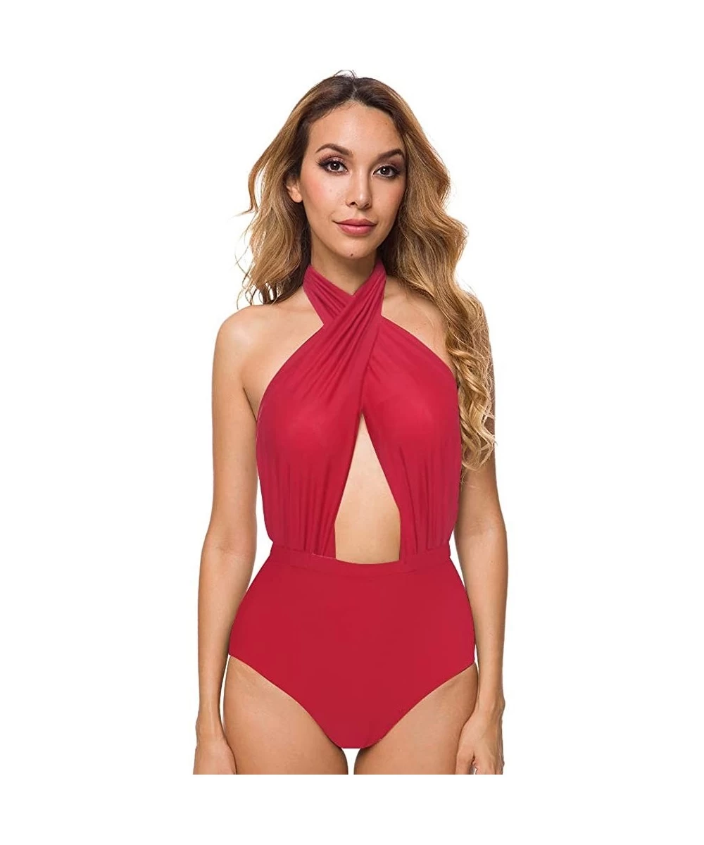 One-Pieces Women's Cross Front One Piece Swimsuit Backless High Waisted Bathing Suit - Red - C5180OYEZZ3