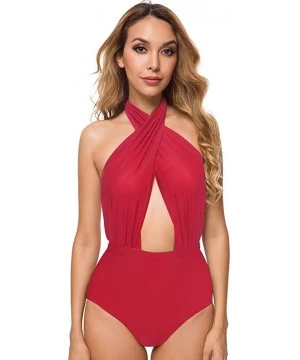 One-Pieces Women's Cross Front One Piece Swimsuit Backless High Waisted Bathing Suit - Red - C5180OYEZZ3