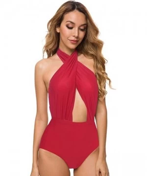 One-Pieces Women's Cross Front One Piece Swimsuit Backless High Waisted Bathing Suit - Red - C5180OYEZZ3