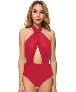 One-Pieces Women's Cross Front One Piece Swimsuit Backless High Waisted Bathing Suit - Red - C5180OYEZZ3