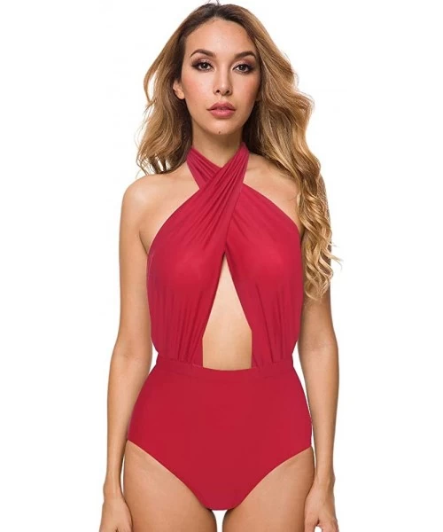 One-Pieces Women's Cross Front One Piece Swimsuit Backless High Waisted Bathing Suit - Red - C5180OYEZZ3