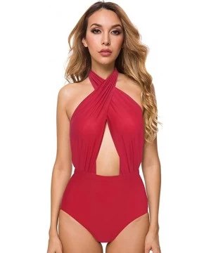 One-Pieces Women's Cross Front One Piece Swimsuit Backless High Waisted Bathing Suit - Red - C5180OYEZZ3