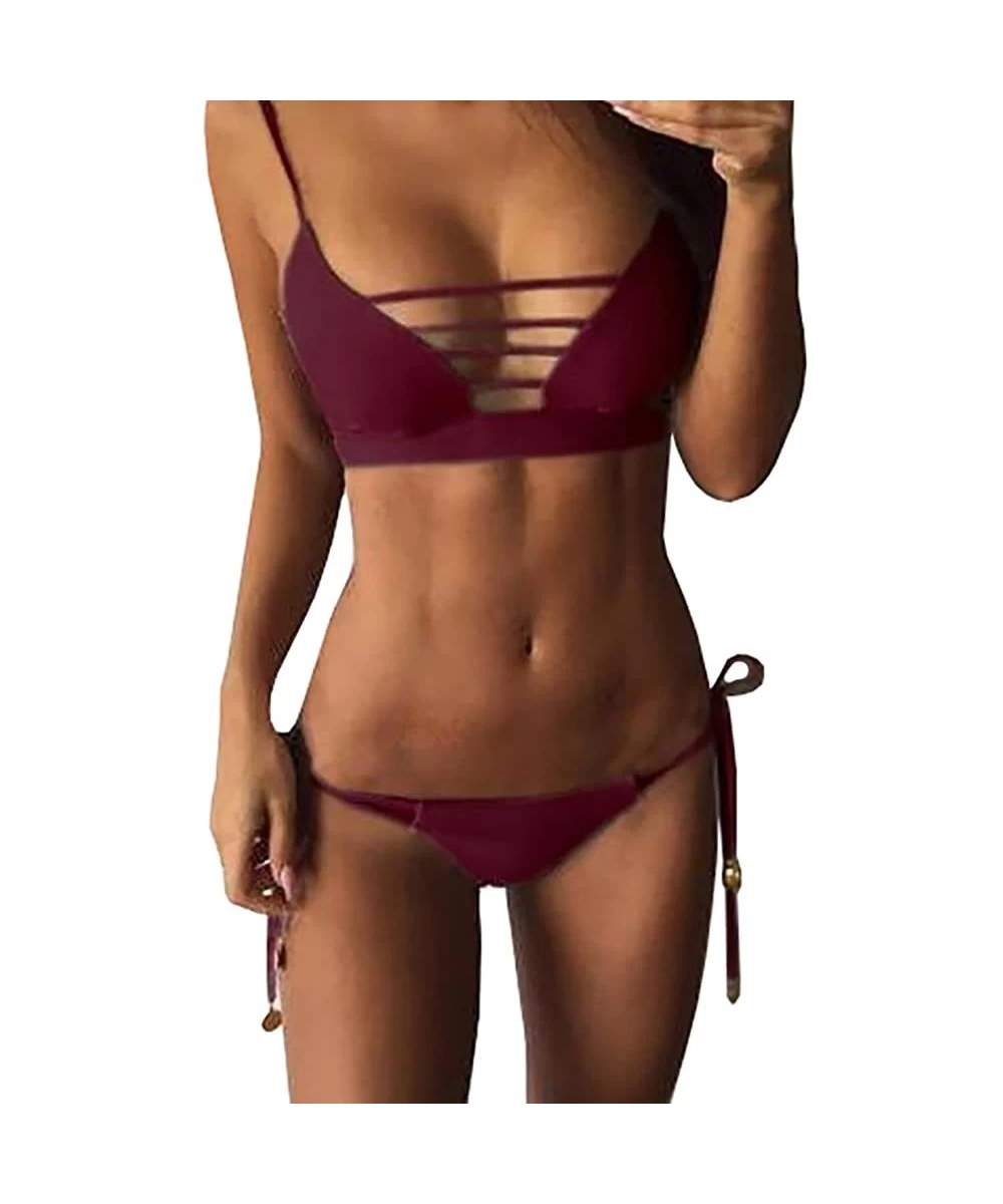 Sets Women's Strappy Cutout Cage Bralette Bikini Swimsuit 2 Pieces - Wine Red - CL17YCWWYUH