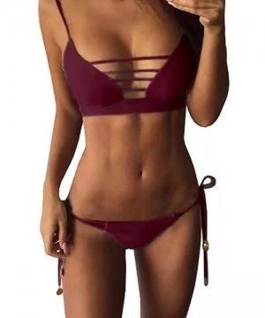 Sets Women's Strappy Cutout Cage Bralette Bikini Swimsuit 2 Pieces - Wine Red - CL17YCWWYUH