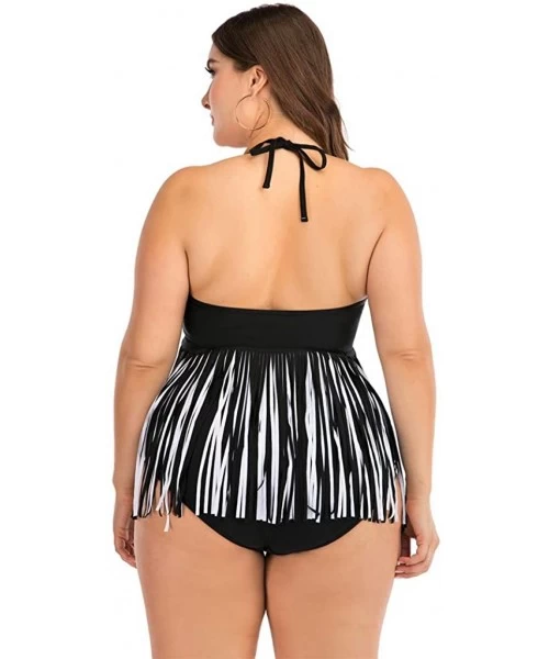 Cover-Ups Women Plus Size One Piece/Two Piece Swimwear Beachwear Fashion Halter Tassel Printed Swimsuit Bathing Suit Black 2 ...