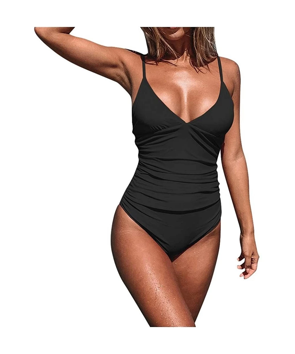 Tankinis Women's Swimsuit Tummy Control Deep V-Neck Low Back One Piece Swimwear Bikini Push-Up Bathing - Black - CO194CHWOA5