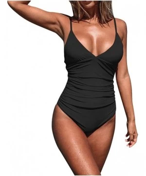 Tankinis Women's Swimsuit Tummy Control Deep V-Neck Low Back One Piece Swimwear Bikini Push-Up Bathing - Black - CO194CHWOA5