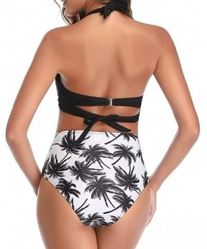 Sets Women Swimsuit Two Pieces Retro Halter Bandage Wrap Bikini Set Push-Up Ruched High Waist Printed Bottoms Vintage Swimwea...