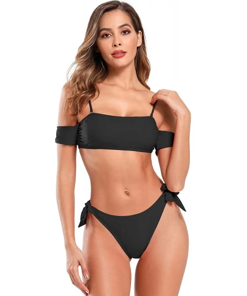 Sets Women's Bikini Off-The-Shoulder Thong Two Piece Swimsuit - Black - CV1930KLY5N