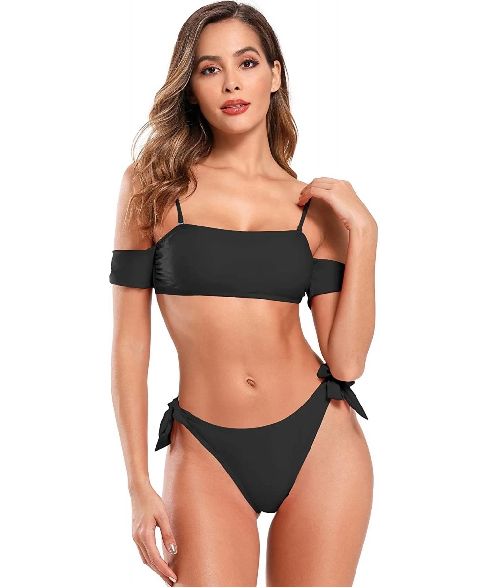 Sets Women's Bikini Off-The-Shoulder Thong Two Piece Swimsuit - Black - CV1930KLY5N