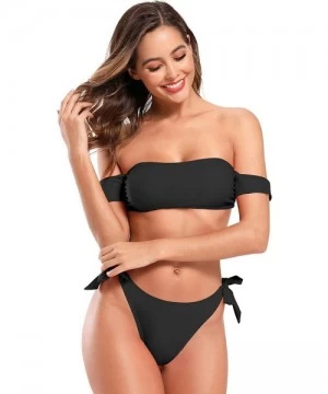 Sets Women's Bikini Off-The-Shoulder Thong Two Piece Swimsuit - Black - CV1930KLY5N