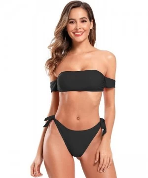 Sets Women's Bikini Off-The-Shoulder Thong Two Piece Swimsuit - Black - CV1930KLY5N