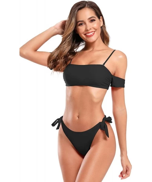 Sets Women's Bikini Off-The-Shoulder Thong Two Piece Swimsuit - Black - CV1930KLY5N