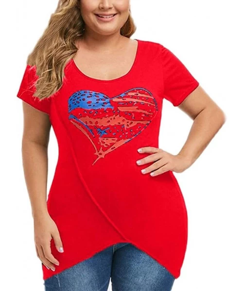 Rash Guards Womens Fashion Plus Size America Flag Print Asymmetrical Short Sleeve Top Shirt - Red - CM18TSEZ0CD