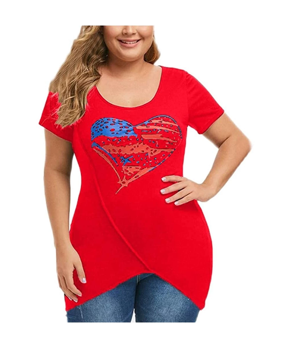 Rash Guards Womens Fashion Plus Size America Flag Print Asymmetrical Short Sleeve Top Shirt - Red - CM18TSEZ0CD