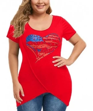 Rash Guards Womens Fashion Plus Size America Flag Print Asymmetrical Short Sleeve Top Shirt - Red - CM18TSEZ0CD