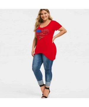 Rash Guards Womens Fashion Plus Size America Flag Print Asymmetrical Short Sleeve Top Shirt - Red - CM18TSEZ0CD