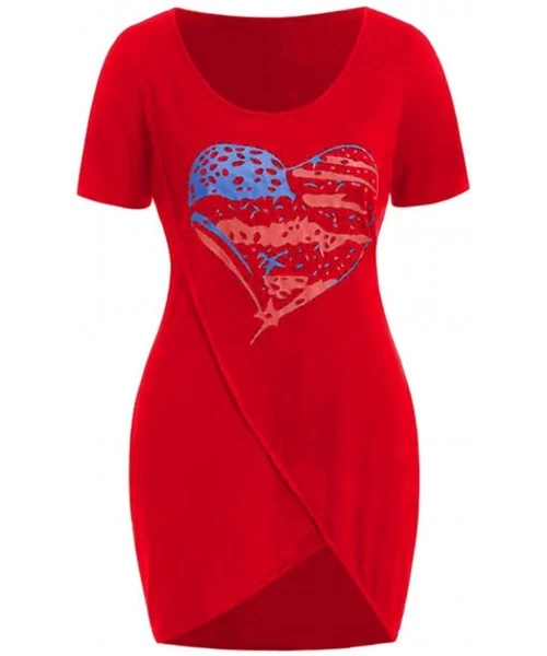 Rash Guards Womens Fashion Plus Size America Flag Print Asymmetrical Short Sleeve Top Shirt - Red - CM18TSEZ0CD