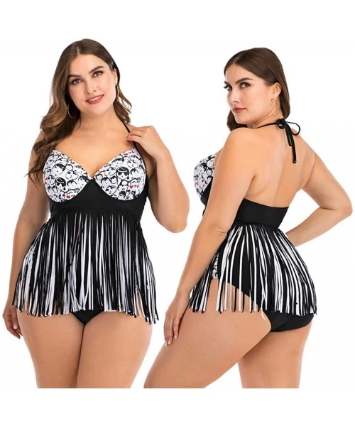 Cover-Ups Women Plus Size One Piece/Two Piece Swimwear Beachwear Fashion Halter Tassel Printed Swimsuit Bathing Suit Black 2 ...