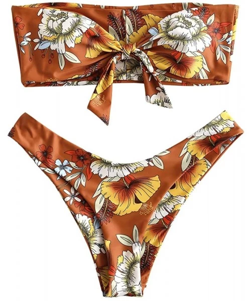 Sets Women's Tie Knot Front Floral Print High Cut Strapless Bandeau Bikini Set - Sandy Brown - CD18NSIYUT9