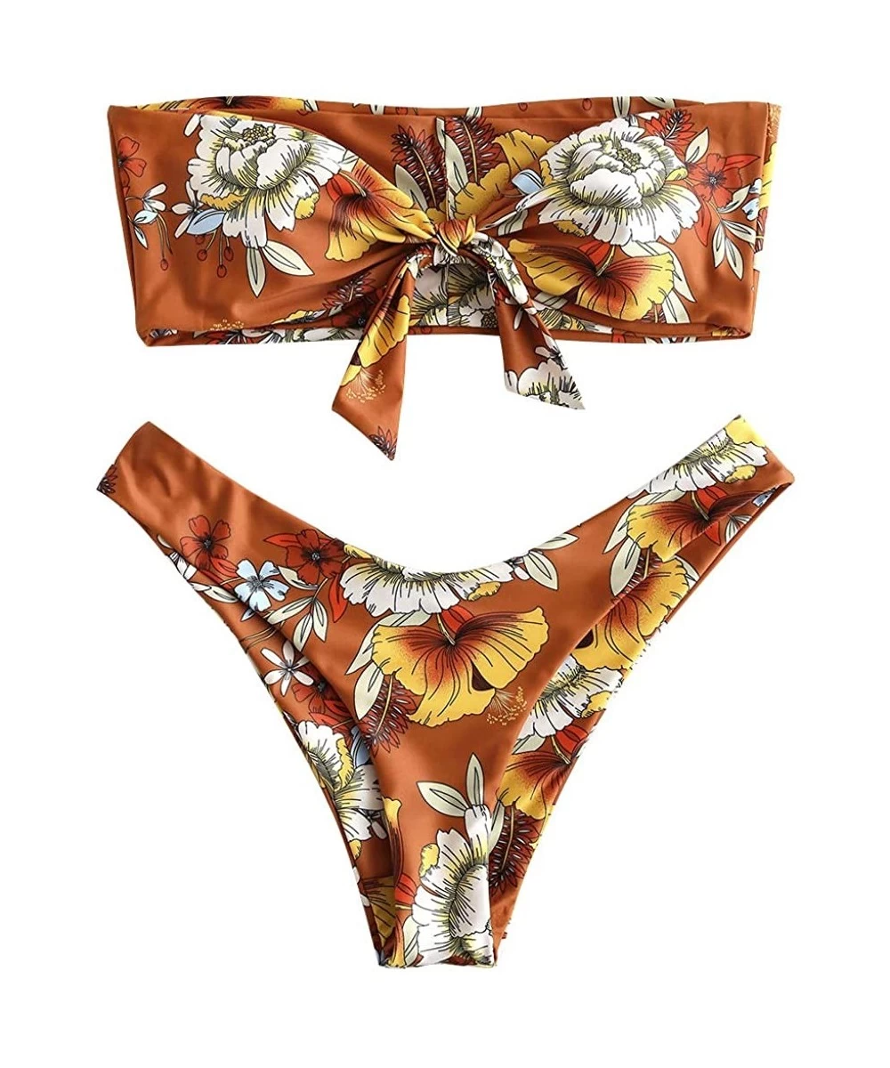 Sets Women's Tie Knot Front Floral Print High Cut Strapless Bandeau Bikini Set - Sandy Brown - CD18NSIYUT9