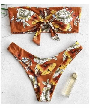 Sets Women's Tie Knot Front Floral Print High Cut Strapless Bandeau Bikini Set - Sandy Brown - CD18NSIYUT9