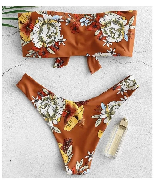 Sets Women's Tie Knot Front Floral Print High Cut Strapless Bandeau Bikini Set - Sandy Brown - CD18NSIYUT9