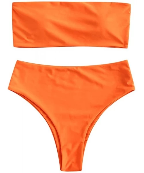 Sets Women's Two Piece Solid Strapless High Cut Bandeau Bikini Set Swimsuit - Bright Orange - C918M7DNWU9