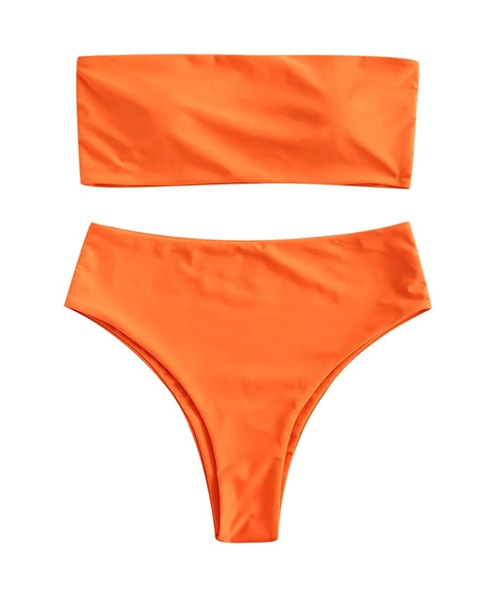 Sets Women's Two Piece Solid Strapless High Cut Bandeau Bikini Set Swimsuit - Bright Orange - C918M7DNWU9