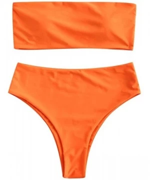 Sets Women's Two Piece Solid Strapless High Cut Bandeau Bikini Set Swimsuit - Bright Orange - C918M7DNWU9