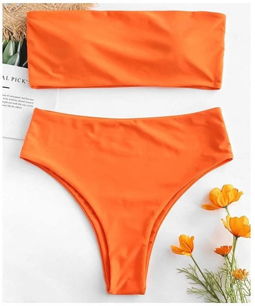 Sets Women's Two Piece Solid Strapless High Cut Bandeau Bikini Set Swimsuit - Bright Orange - C918M7DNWU9