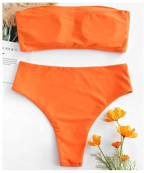 Sets Women's Two Piece Solid Strapless High Cut Bandeau Bikini Set Swimsuit - Bright Orange - C918M7DNWU9