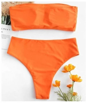 Sets Women's Two Piece Solid Strapless High Cut Bandeau Bikini Set Swimsuit - Bright Orange - C918M7DNWU9