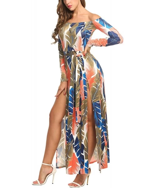 Cover-Ups Women's Sexy Off Shoulder Floral Print High Split Overlay Long Beach Dress - Blue - CM12O8QC30O