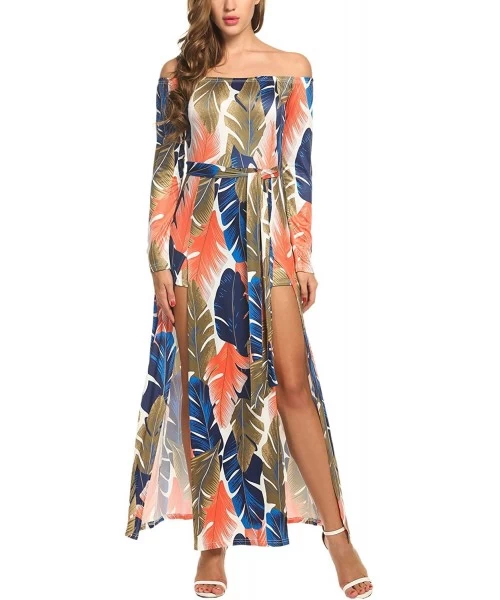 Cover-Ups Women's Sexy Off Shoulder Floral Print High Split Overlay Long Beach Dress - Blue - CM12O8QC30O