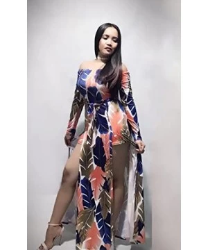 Cover-Ups Women's Sexy Off Shoulder Floral Print High Split Overlay Long Beach Dress - Blue - CM12O8QC30O