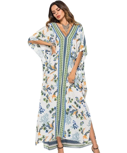 Cover-Ups Womens Print Kaftan Dress Loose Caftan Beachwear Long Maxi Dress Bikini Swimsuit Cover ups - 3-white - C618RS05HWK