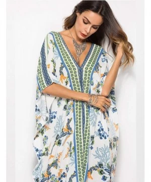 Cover-Ups Womens Print Kaftan Dress Loose Caftan Beachwear Long Maxi Dress Bikini Swimsuit Cover ups - 3-white - C618RS05HWK