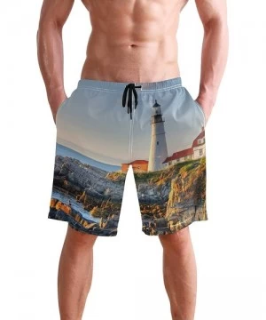 Racing Men's Swim Trunks Japanese Cherry Blossom with Mount Fuji Quick Dry Beach Board Shorts with Pockets - Lighthouse of th...