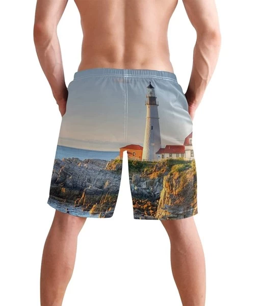 Racing Men's Swim Trunks Japanese Cherry Blossom with Mount Fuji Quick Dry Beach Board Shorts with Pockets - Lighthouse of th...