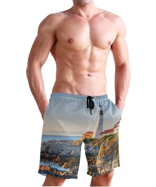 Racing Men's Swim Trunks Japanese Cherry Blossom with Mount Fuji Quick Dry Beach Board Shorts with Pockets - Lighthouse of th...