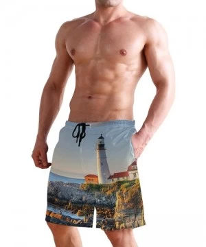 Racing Men's Swim Trunks Japanese Cherry Blossom with Mount Fuji Quick Dry Beach Board Shorts with Pockets - Lighthouse of th...