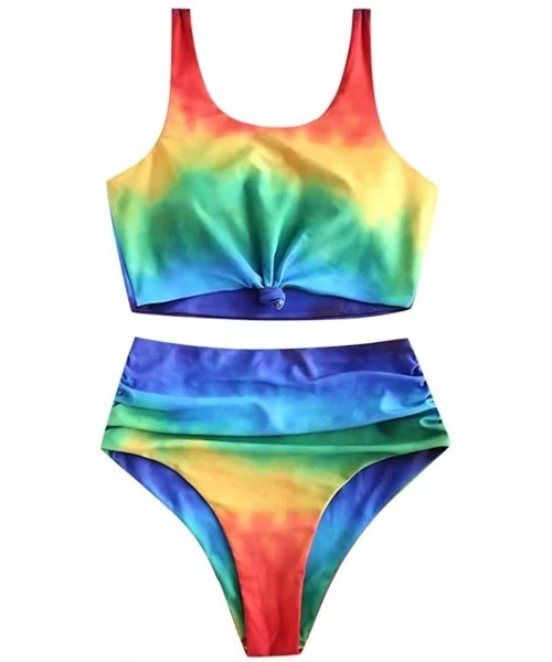 Sets Womens Tie Dye High Waisted Bikini Set Scoop Neck Knot Ruched Rainbow Two Pieces Swimsuit - Multi Color - CG18WL74MYG