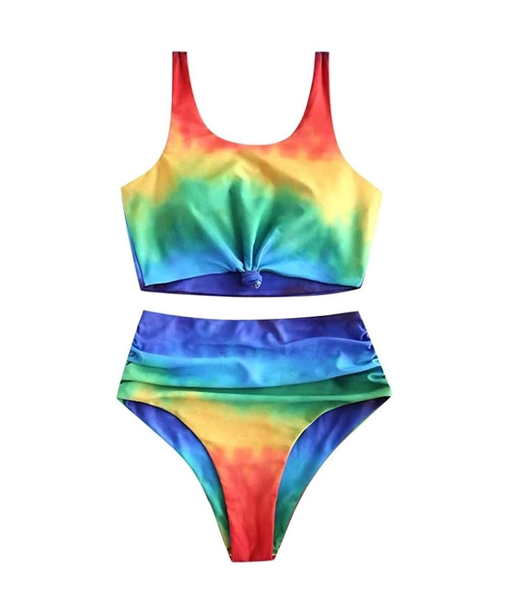 Sets Womens Tie Dye High Waisted Bikini Set Scoop Neck Knot Ruched Rainbow Two Pieces Swimsuit - Multi Color - CG18WL74MYG