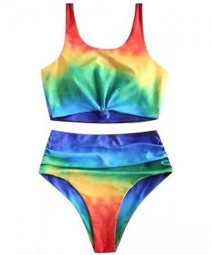 Sets Womens Tie Dye High Waisted Bikini Set Scoop Neck Knot Ruched Rainbow Two Pieces Swimsuit - Multi Color - CG18WL74MYG