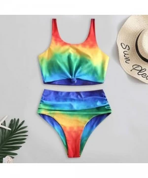 Sets Womens Tie Dye High Waisted Bikini Set Scoop Neck Knot Ruched Rainbow Two Pieces Swimsuit - Multi Color - CG18WL74MYG