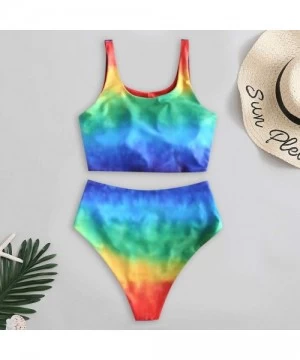 Sets Womens Tie Dye High Waisted Bikini Set Scoop Neck Knot Ruched Rainbow Two Pieces Swimsuit - Multi Color - CG18WL74MYG