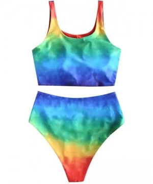 Sets Womens Tie Dye High Waisted Bikini Set Scoop Neck Knot Ruched Rainbow Two Pieces Swimsuit - Multi Color - CG18WL74MYG